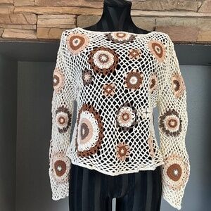 Unbranded Y2K Crochet Boho Floral Top Open Knit Sweater Hippie Cream Brown M